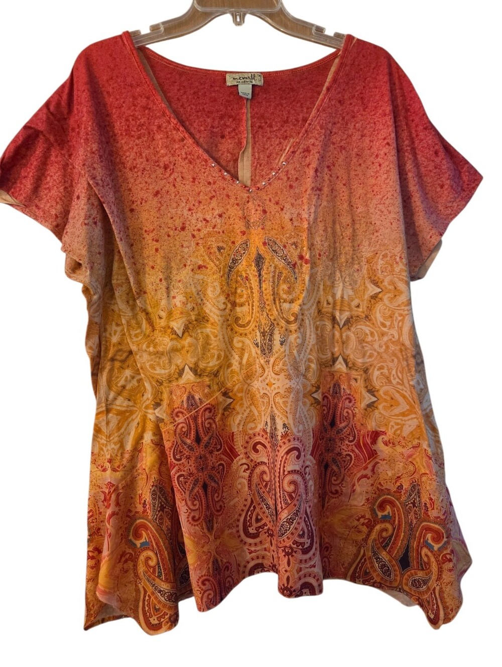One World Orange Patterned Vneck Tunic Boho 90's Y2K Plus Size 1X